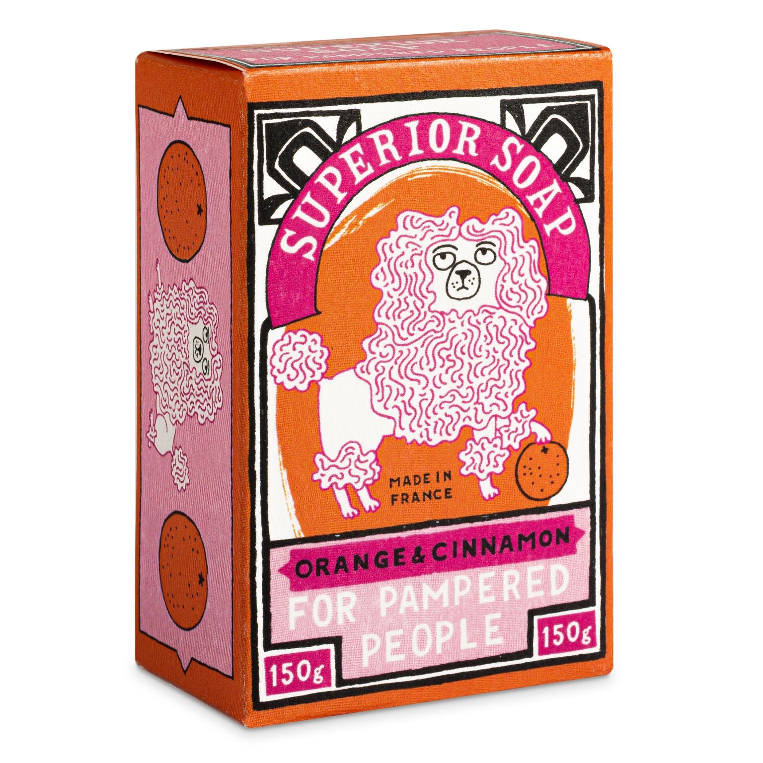 150g Superior Soap bar, orange & cinnamon scent. Packaging features illustrated poodle and oranges. Made in France.