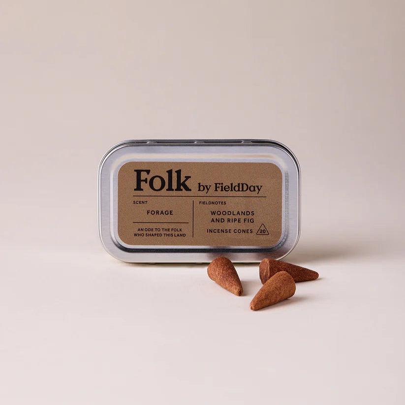 Folk by Field Day 'Forage' incense cone packaging on a beige background
