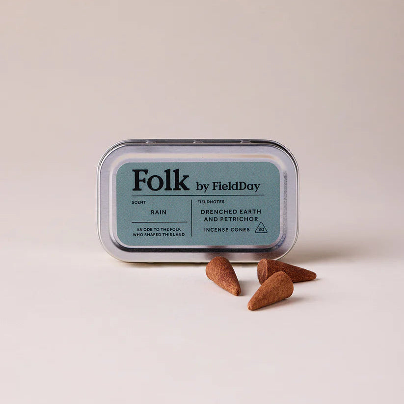 Folk by Field Day 'Rain' incense cone packaging with incense sticks on a beige background