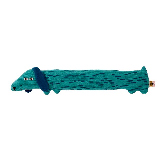 A teal and navy blue knitted dachshund dog toy with embroidered eyes and a small tag on the tail, shown against a plain white background.