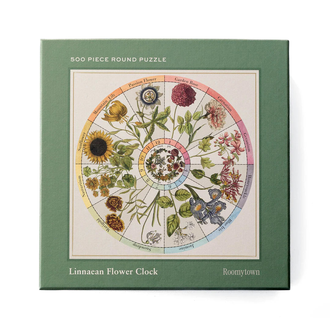 Puzzle box with Linnaean Flower Clock design on a white background