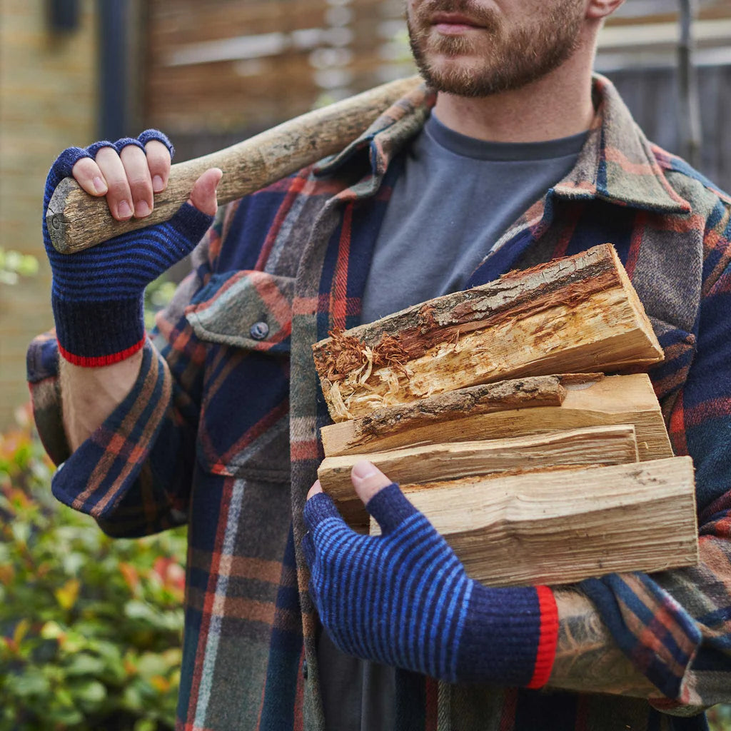 Lambswool Fingerless Gloves - Navy Stripe