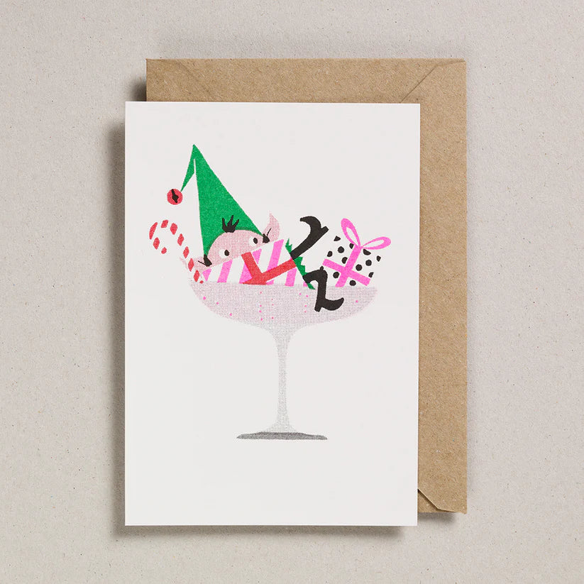 Christmas Card - Elf With Champagne