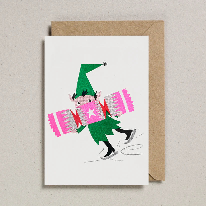 Greeting card with a green elf holding pink presents on a beige background