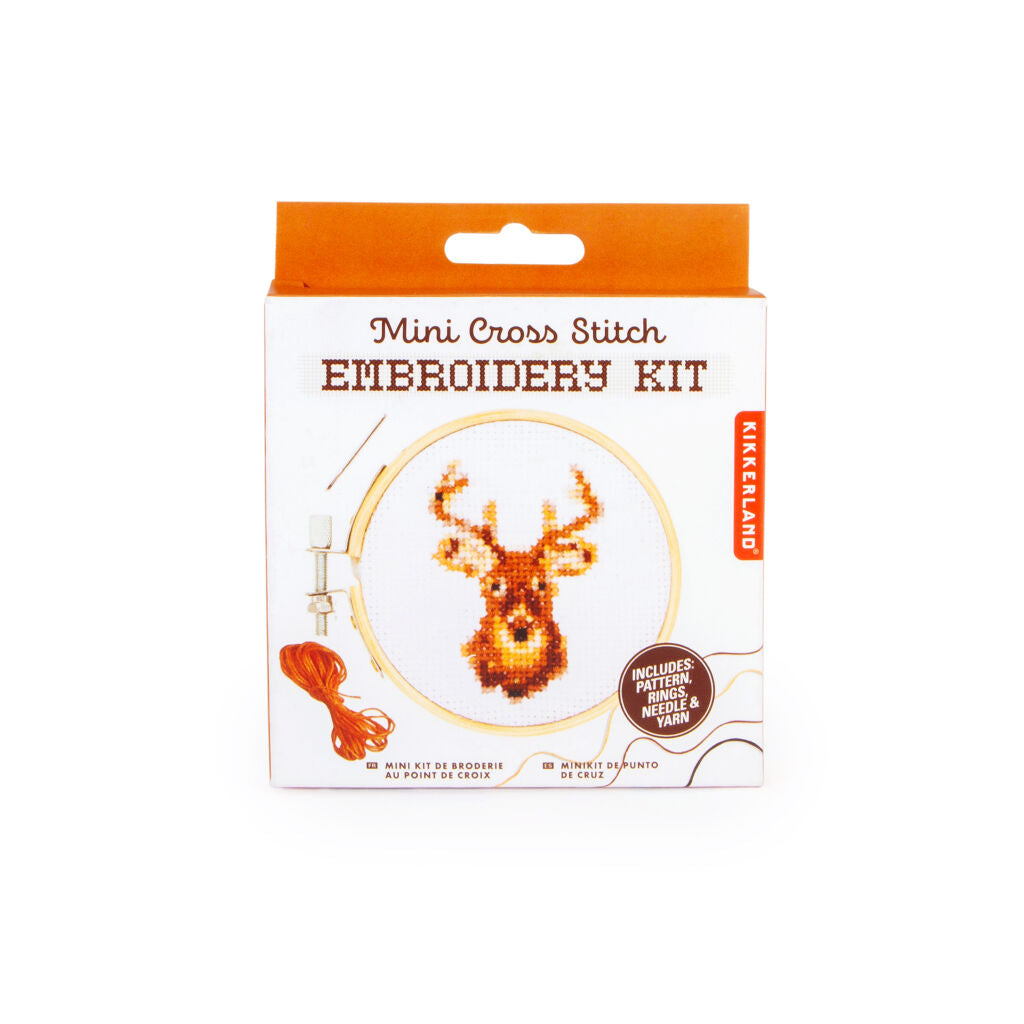 Mini cross-stitch embroidery kit featuring a deer design; includes pattern, rings, needle, and yarn.