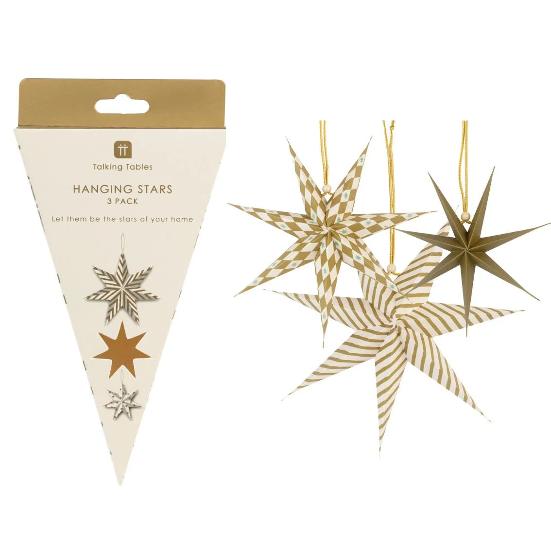 Packaging of Talking Tables hanging stars with three decorative stars on a white background