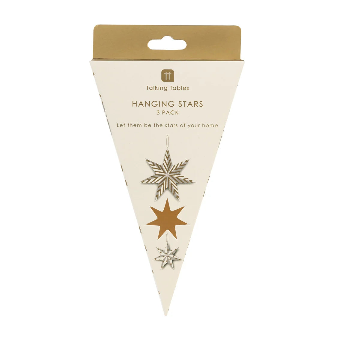 Packaging of hanging stars with gold and silver designs on a white background