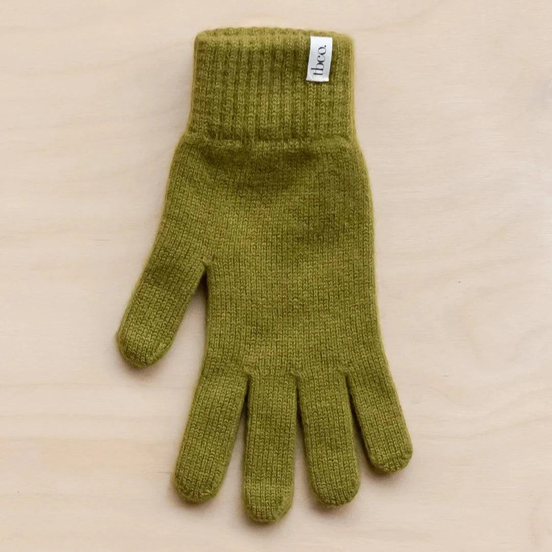 Olive green knitted cashmere glove with a small brand label.