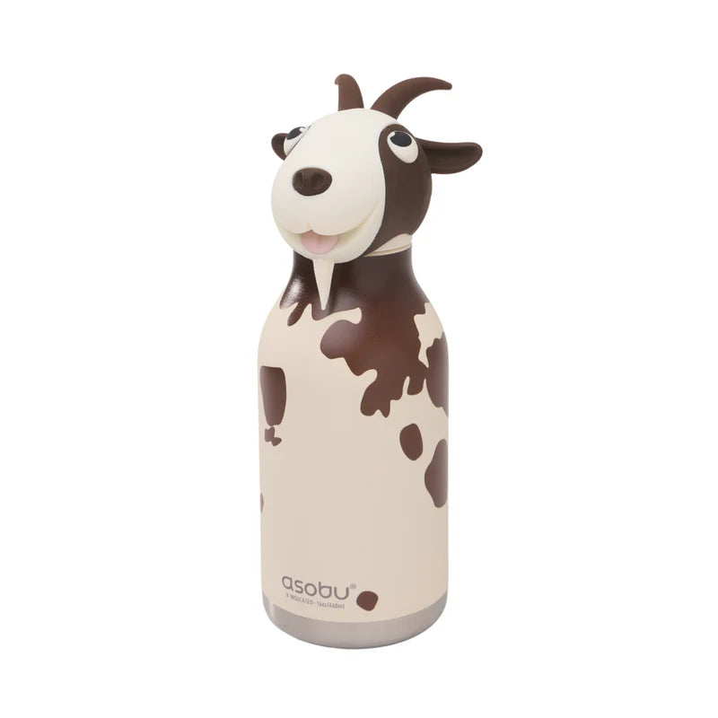 Cow-themed water bottle with a cartoon face on a white background