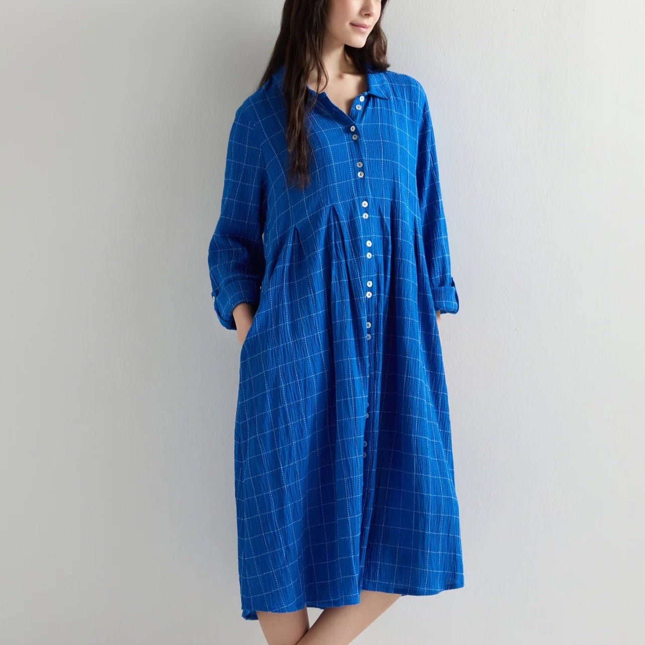 Stitched Grid Check Shirt Dress - Periwinkle / White