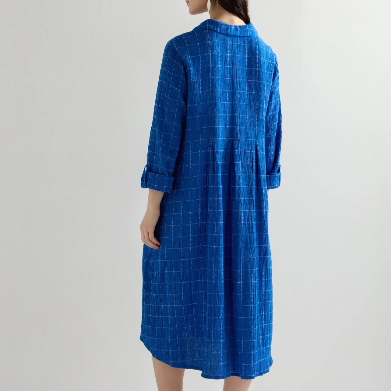 Stitched Grid Check Shirt Dress - Periwinkle / White