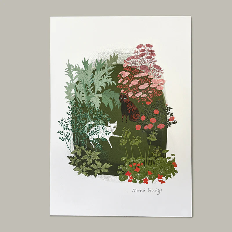 Art print depicting two cats amidst a lush garden of green foliage and pink, red flowers.