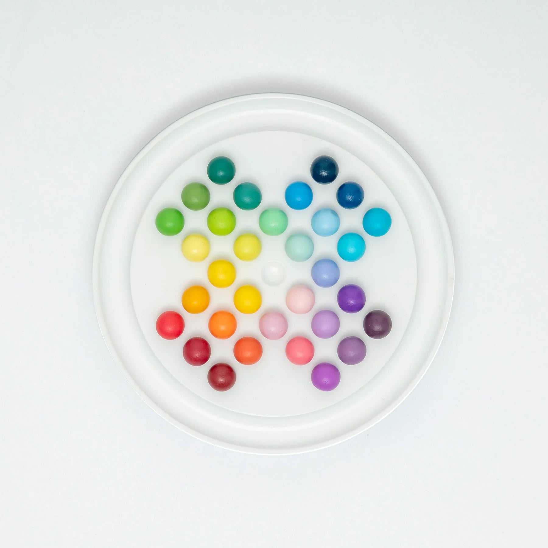 Colorful round candies on a white plate with a white background