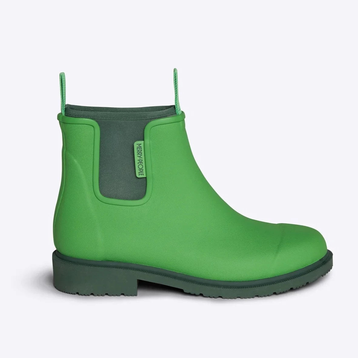 Bright green rubber ankle rain boot with a dark green sole and pull tabs.  "Merry People" logo is visible on the side.