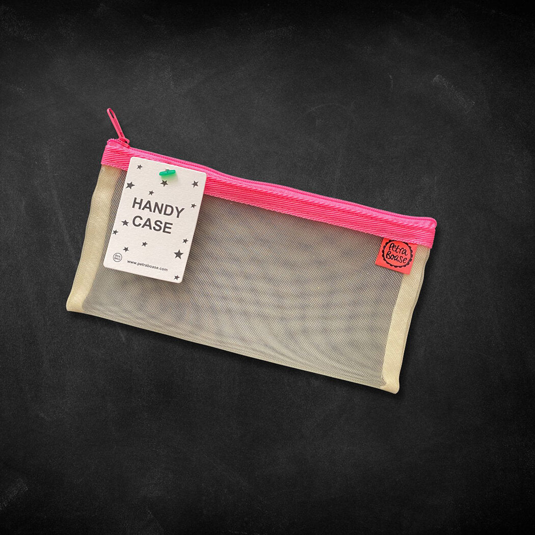 Beige mesh pencil case with pink zipper and "Handy Case" tag.