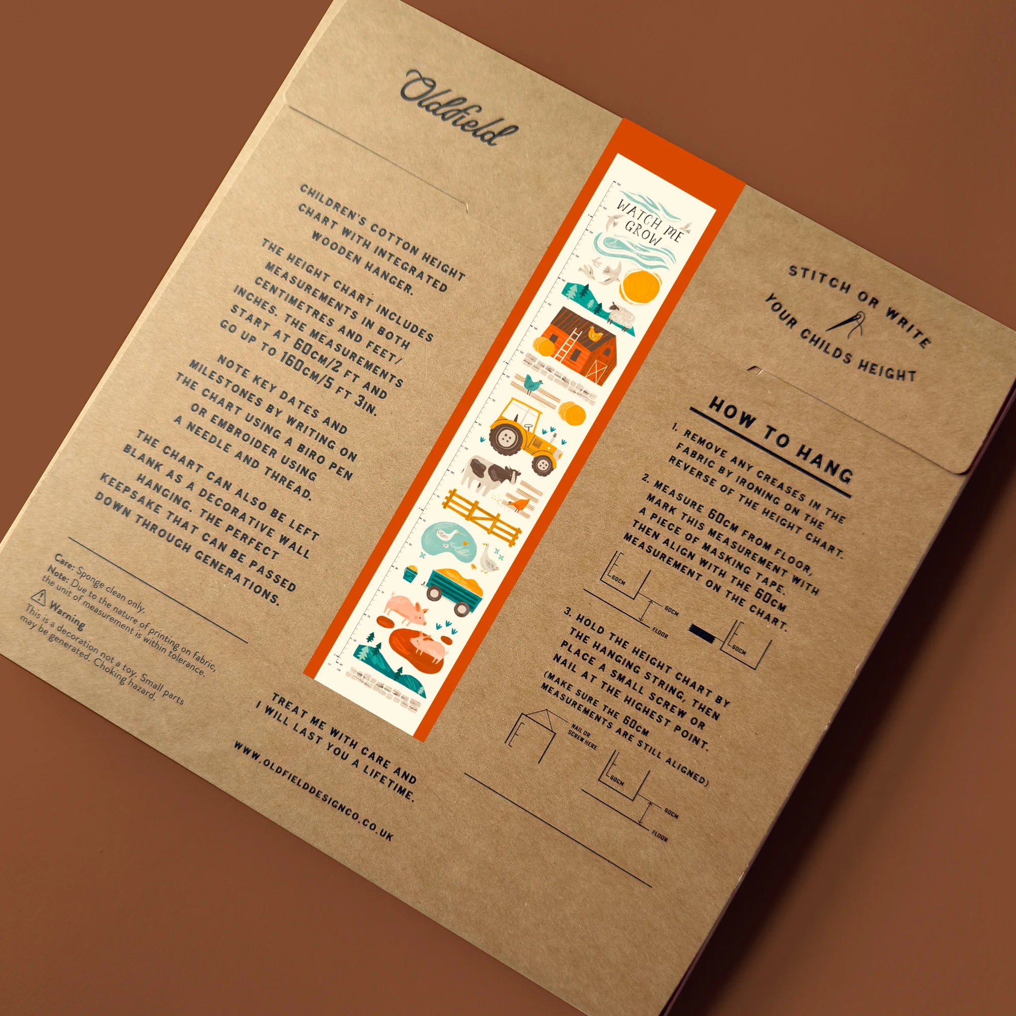 Brown paper package with text and illustrations on a brown background