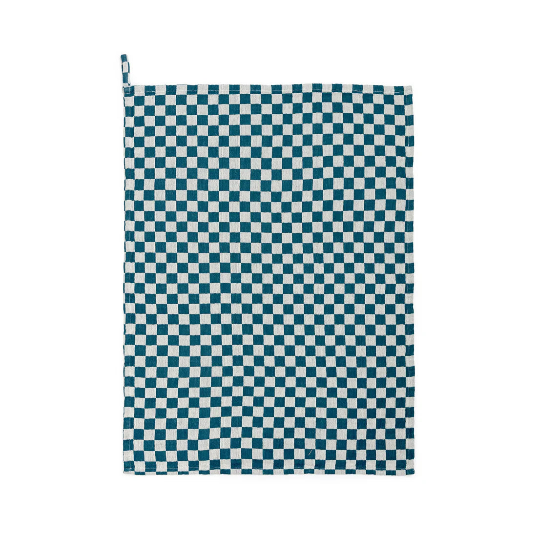 Checkered towel with blue and white pattern on a white background