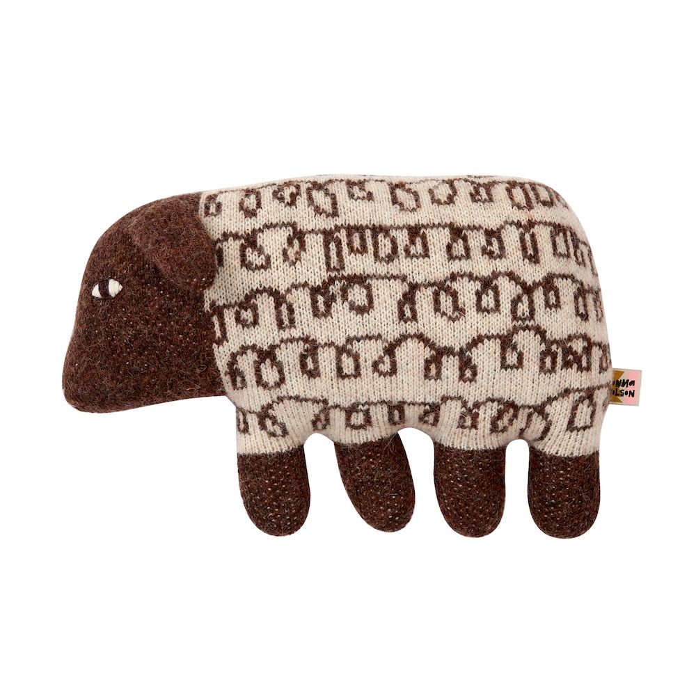 Knitted sheep toy with a patterned fleece on a white background