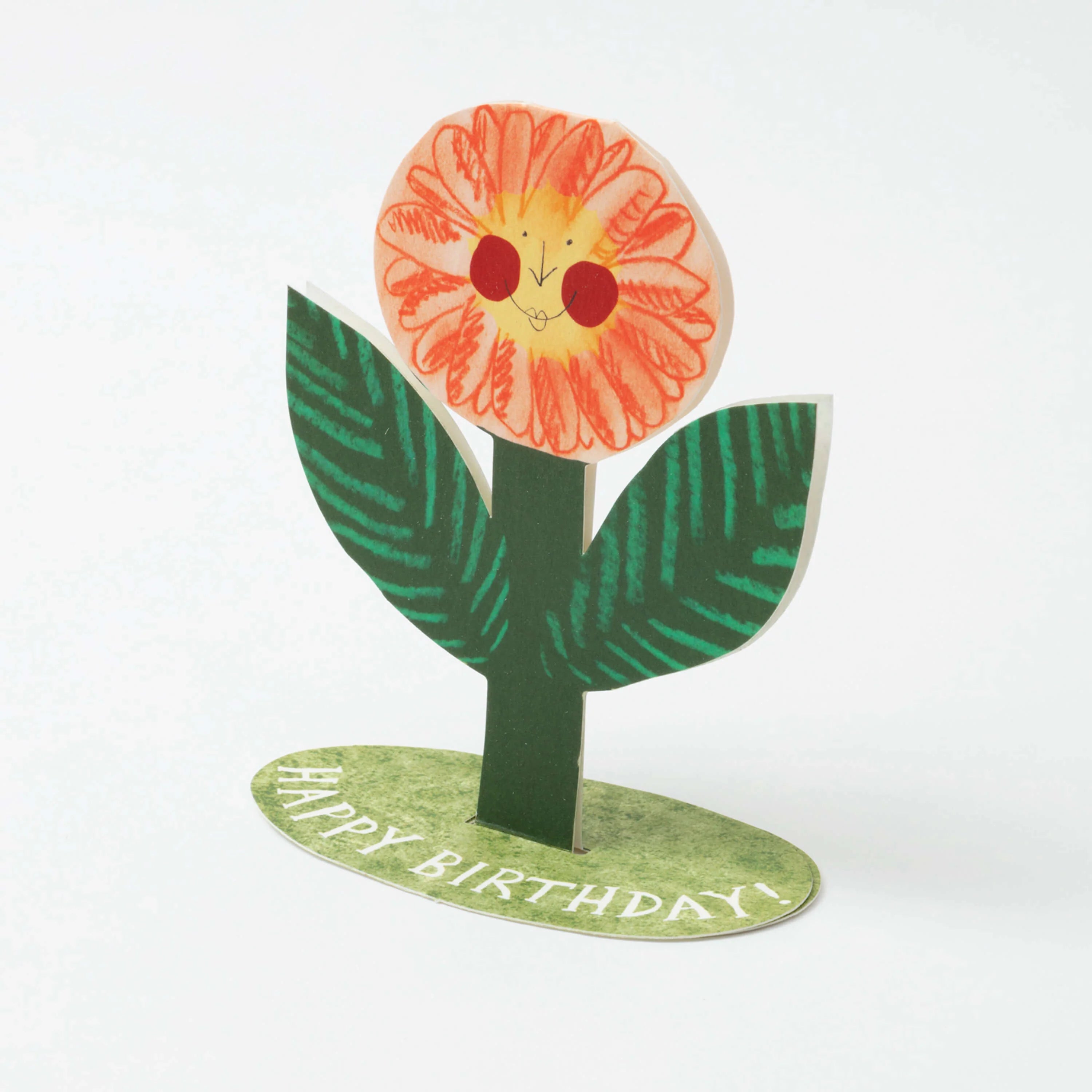 Happy Birthday card featuring a whimsical, orange flower with a smiling face, green stem, and leaves.