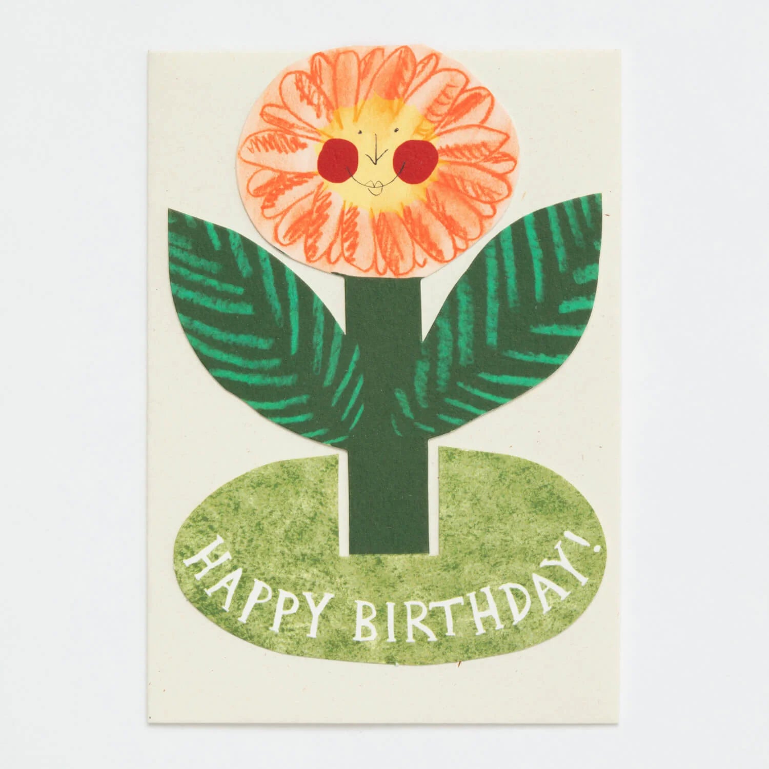 Happy birthday card featuring a stylized orange flower with a face, green leaves, and stem.