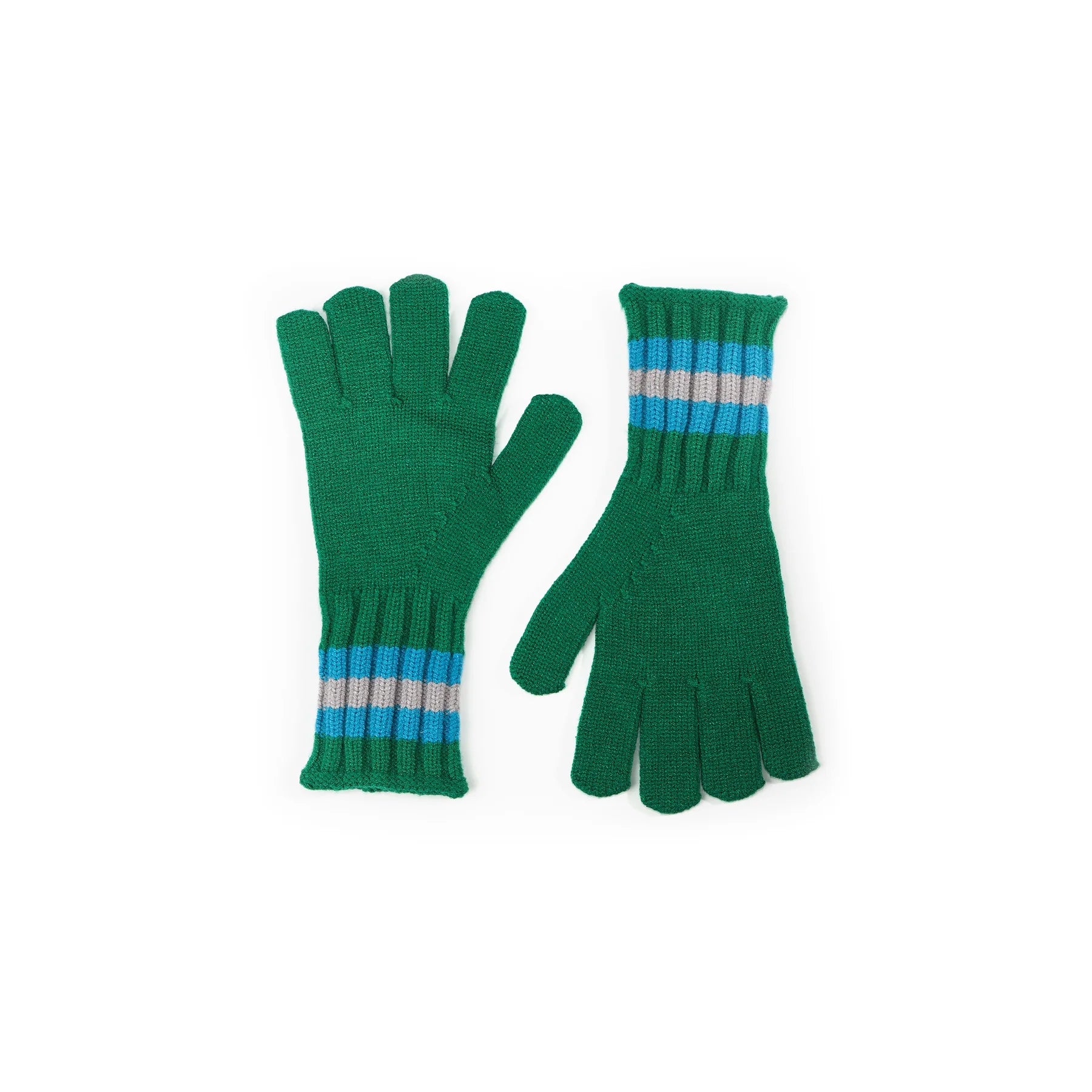 Pair of green fingerless knitted gloves with teal and grey striped cuffs.