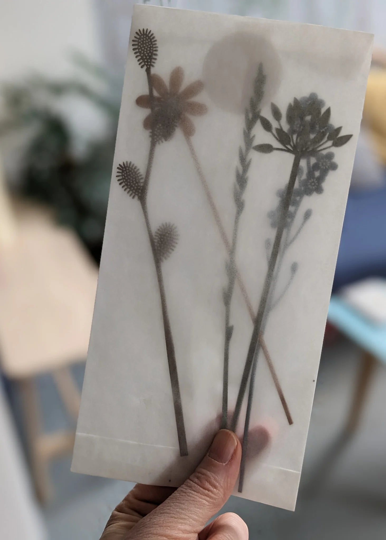 Semi-transparent sheet with pressed flower and grass designs in muted brown tones.
