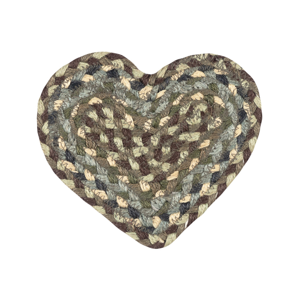 Heart-shaped braided jute coaster in greens, browns, and tans.
