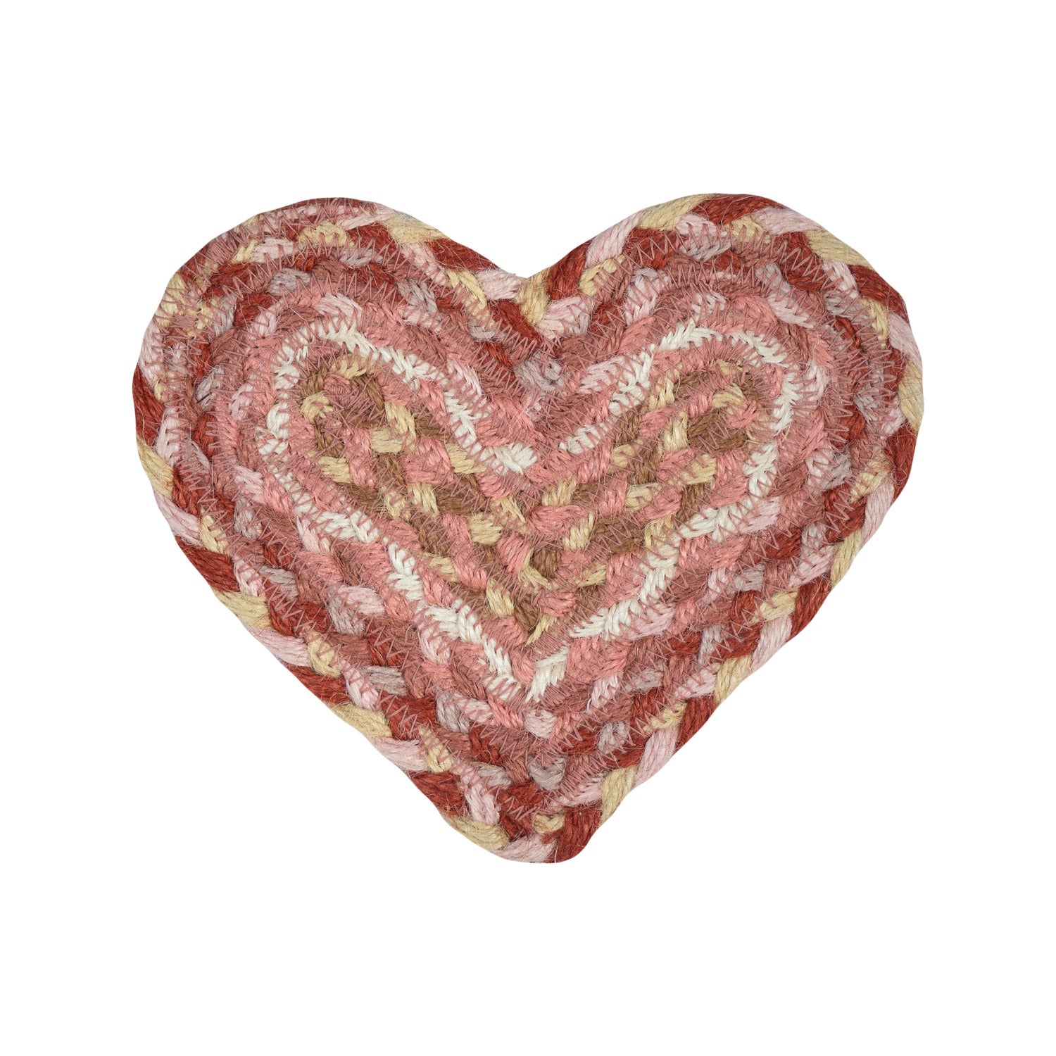 Heart-shaped braided jute rug in shades of pink, beige, and terracotta.