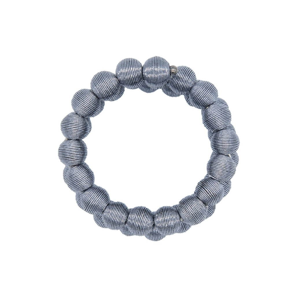 Silver beaded bracelet; circular design with textured, ribbed spheres.