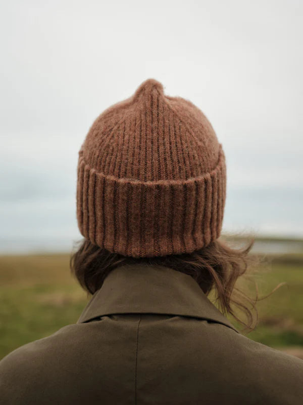 Person wearing a brown knit beanie and coat standing in a field with a cloudy sky.