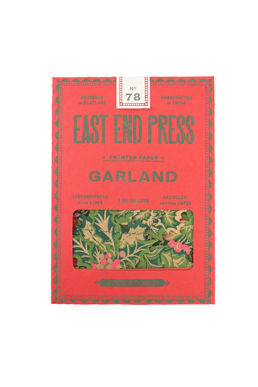 East End Press Garland No. 78 printed paper cards, featuring a red packaging box with a window showing a green and pink floral patterned card inside.