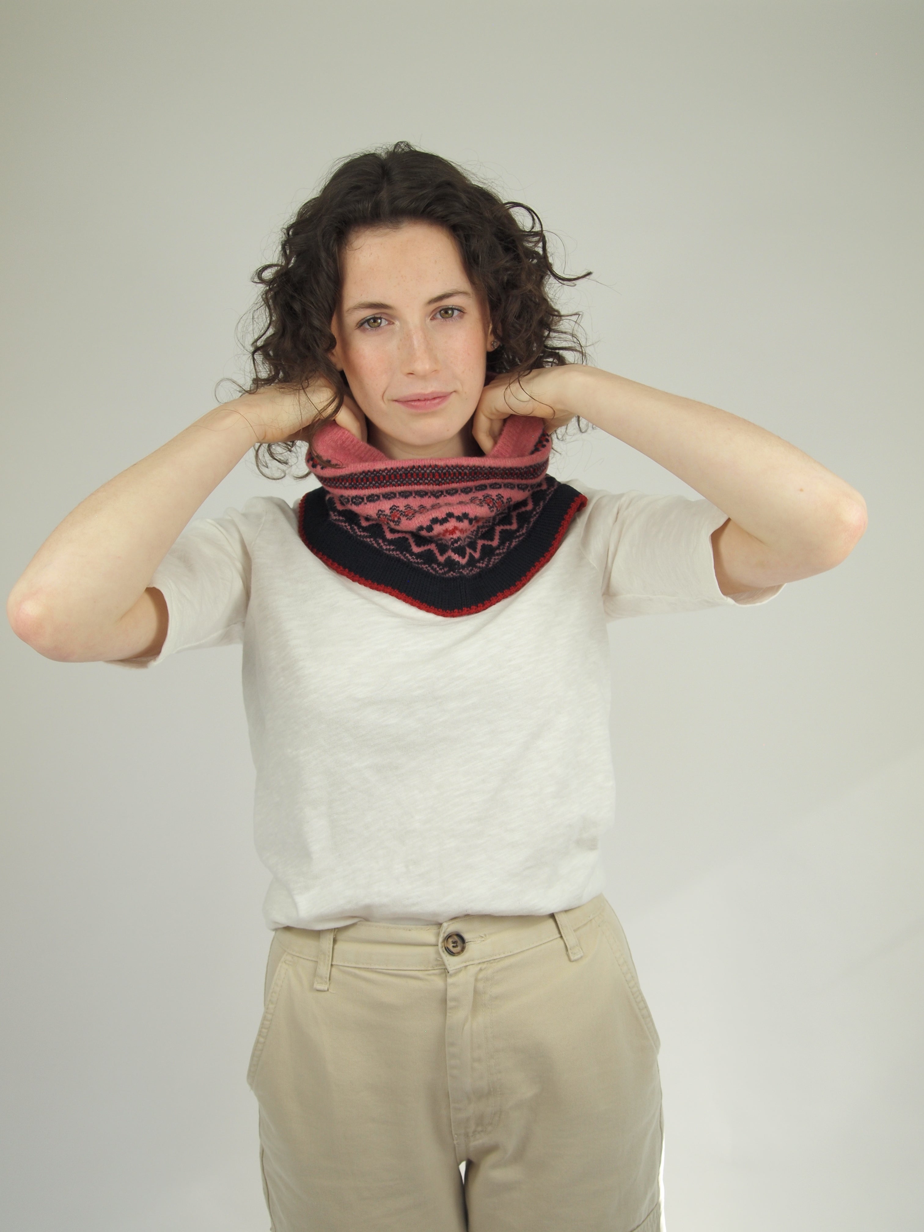 Pink and navy Fair Isle patterned cowl neck warmer.