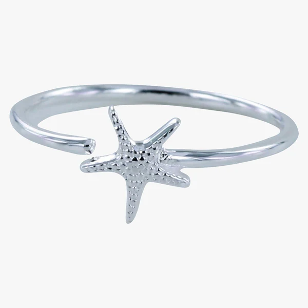 Silver starfish ring with a thin band. The starfish is textured.