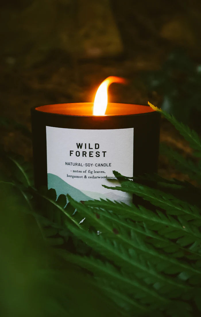 Lit black Wild Forest natural soy candle with fig leaf, bergamot, and cedarwood notes.