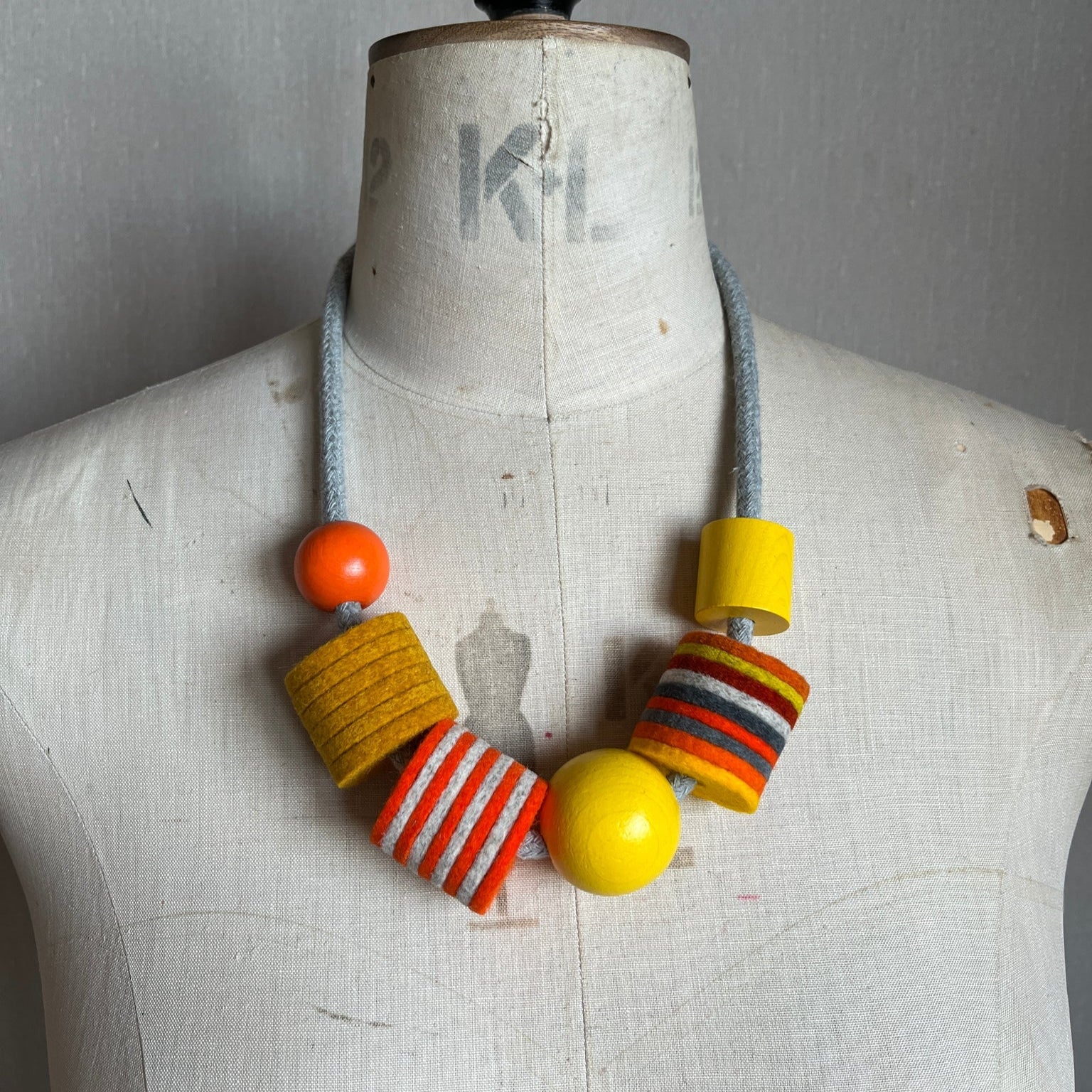 Industrial Felt, Wood and Rope Necklace - Orange Mix