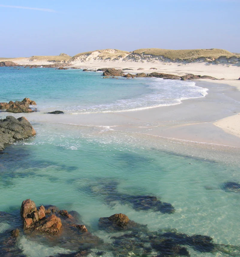 Clear turquoise water laps a sandy beach backed by low, sandy dunes.  Dark rocks are visible in the shallows.