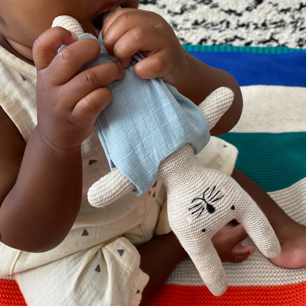 Infant holding a beige knitted bunny toy wearing a light blue shirt.