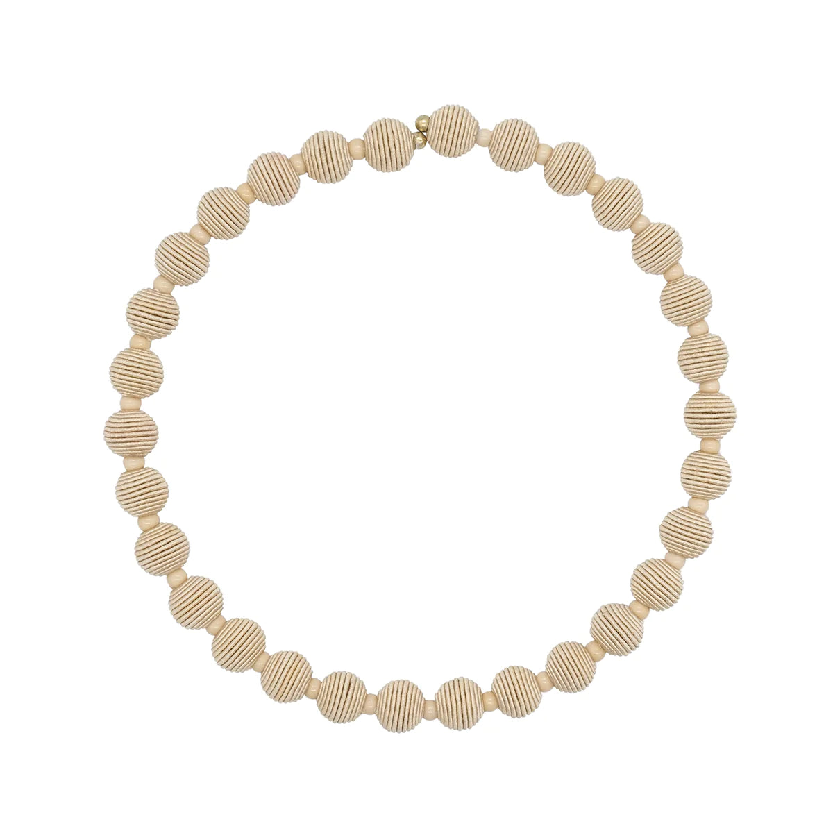 Beige beaded necklace forming a circle, composed of uniformly sized, ribbed spherical beads.