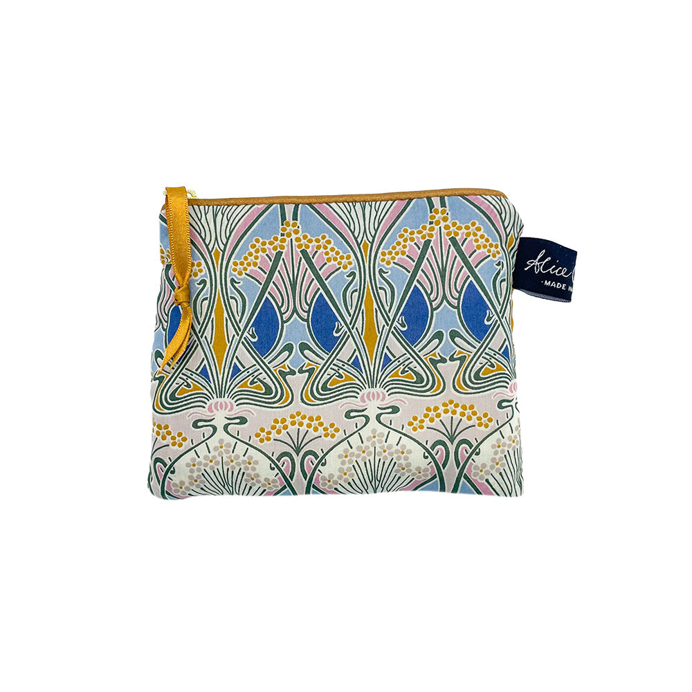 Small zippered pouch with Art Nouveau-style floral print in blues, greens, pinks, and golds. Gold zipper pull.