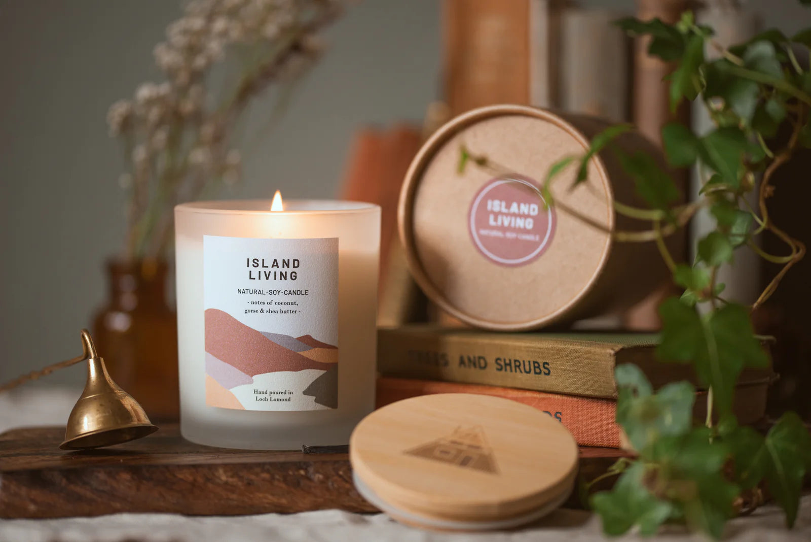 Lit Island Living natural soy candle in frosted glass jar.