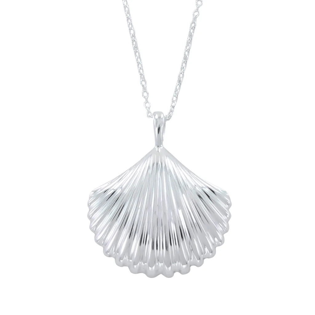 Silver shell-shaped pendant necklace on a delicate chain.