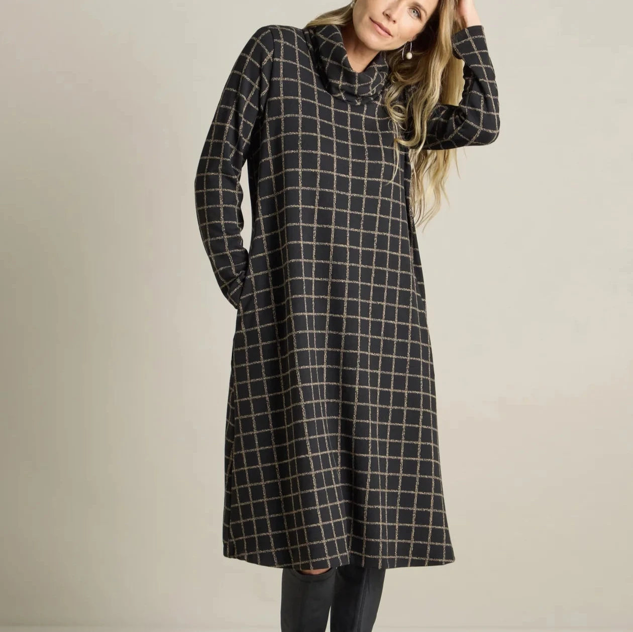 Small Broken Check Jersey Cowl Neck Dress - Black / Taupe