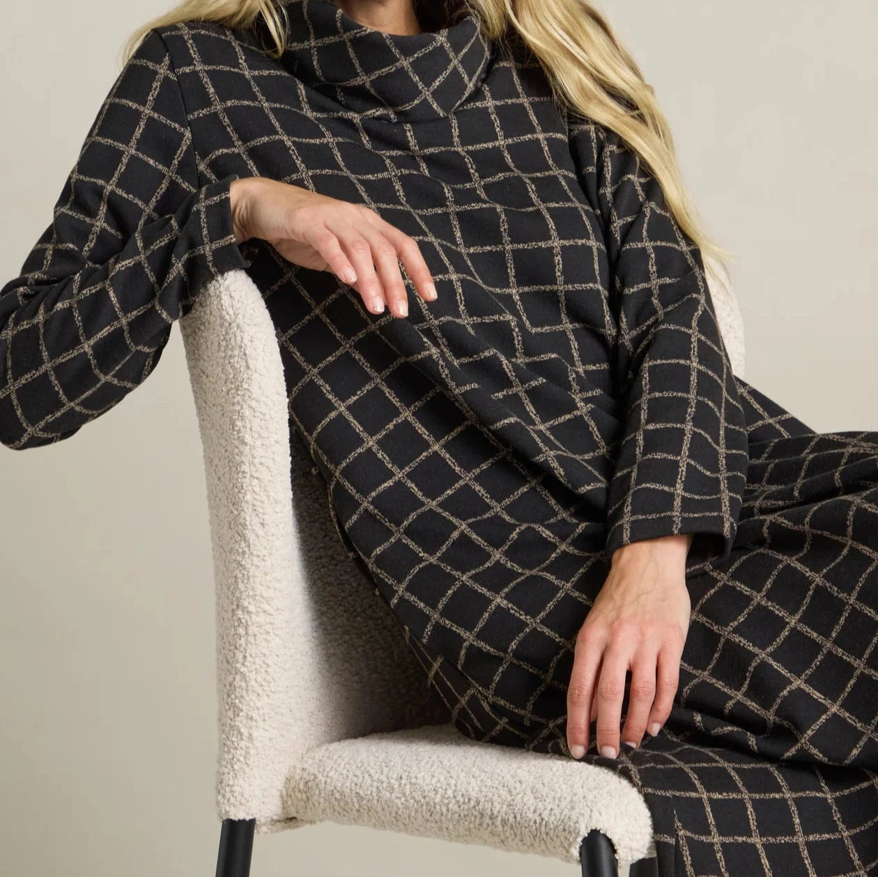 Small Broken Check Jersey Cowl Neck Dress - Black / Taupe