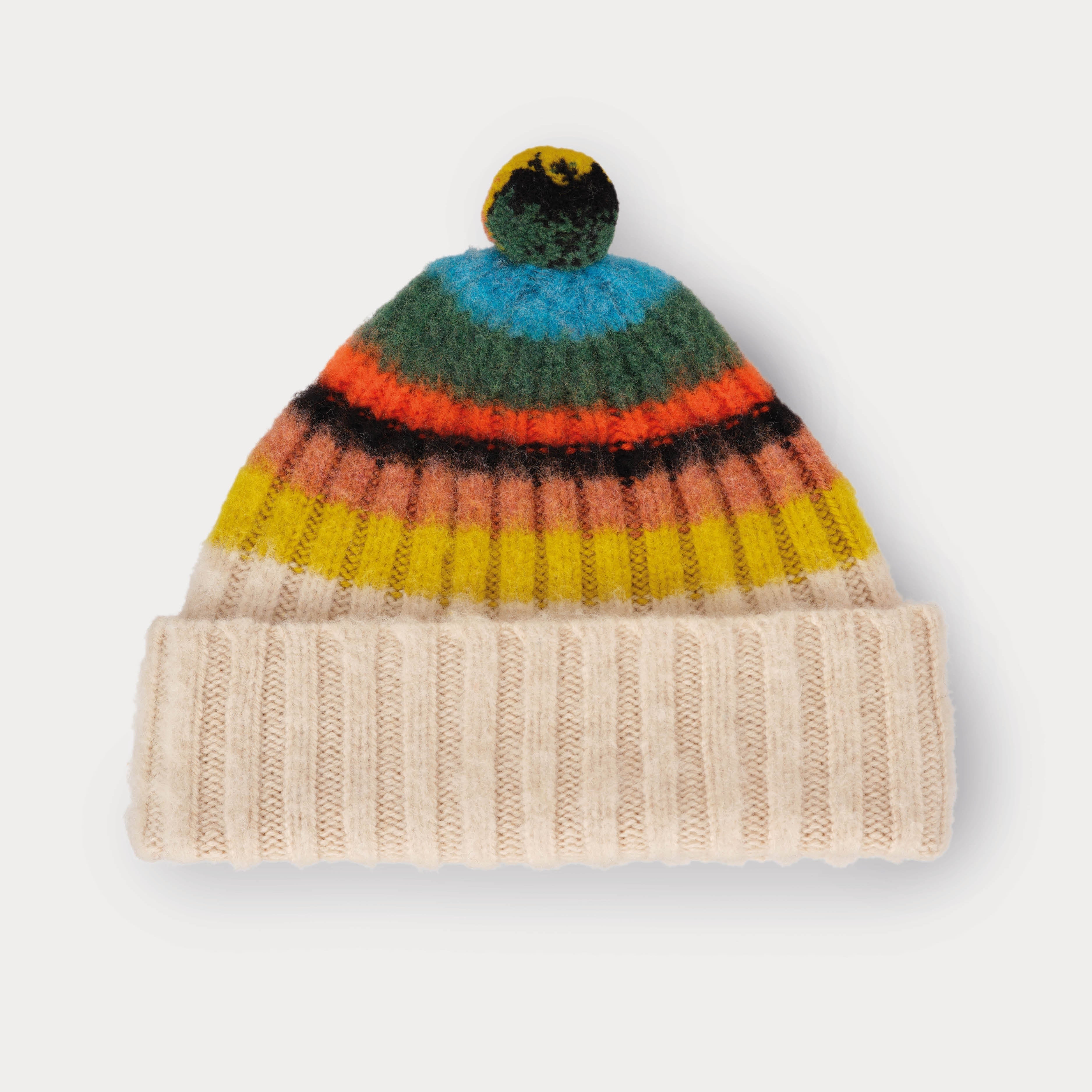 Colorful striped beanie with a pom-pom on a white background