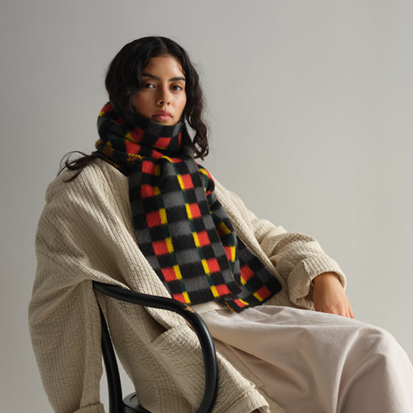 A black, gray, red, and yellow checkered wool scarf.