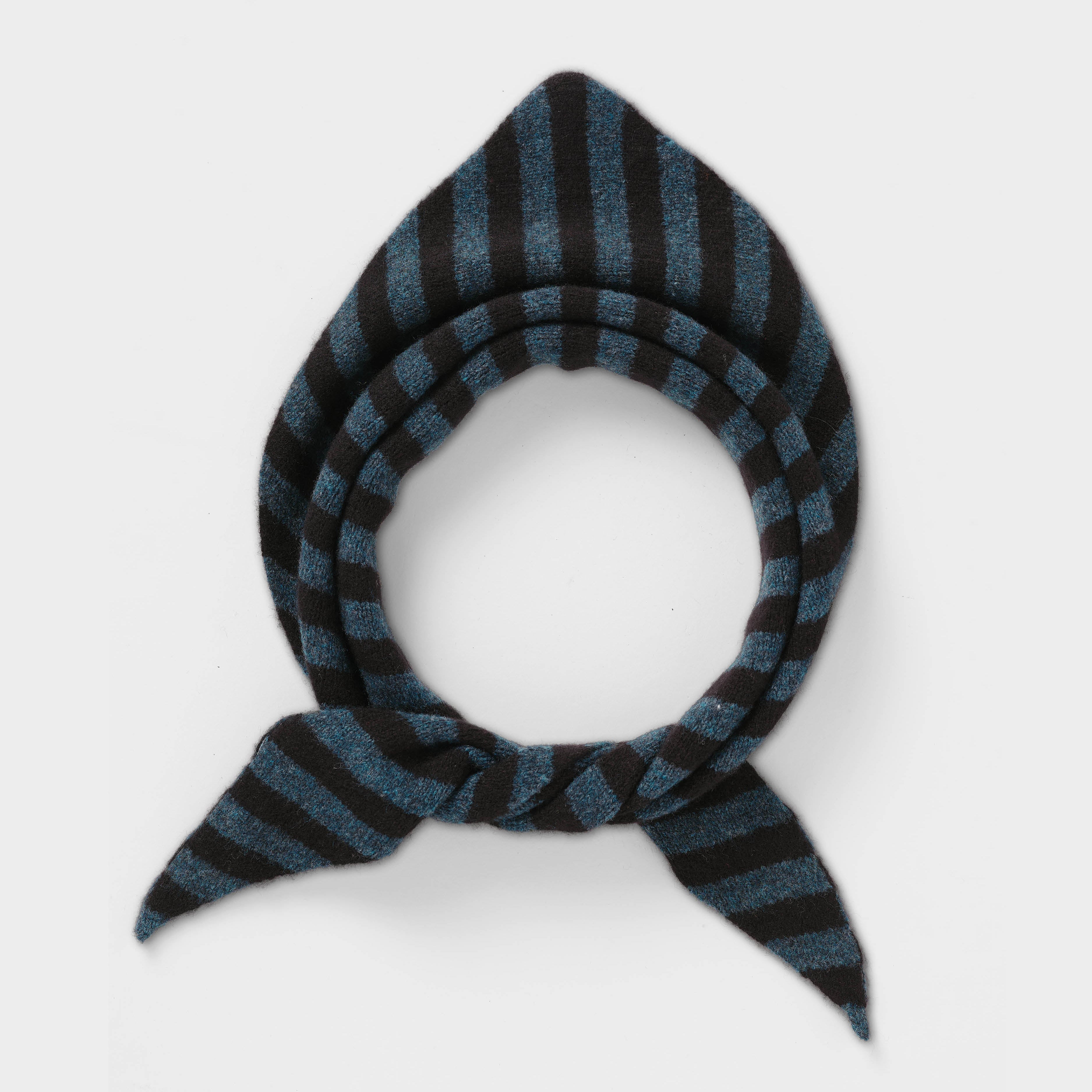Blue and black striped wool scarf, knotted, displayed on a white background.