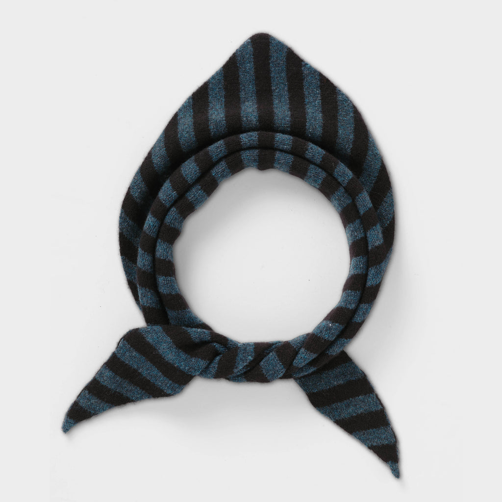 Blue and black striped wool scarf, knotted, displayed on a white background.