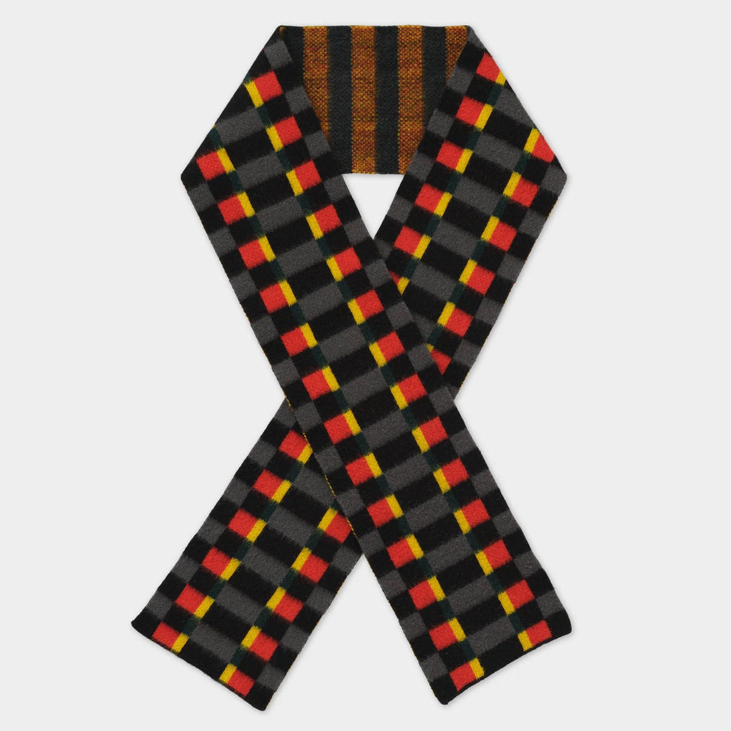 Woven scarf with a gray, black, red, and yellow checkered pattern.