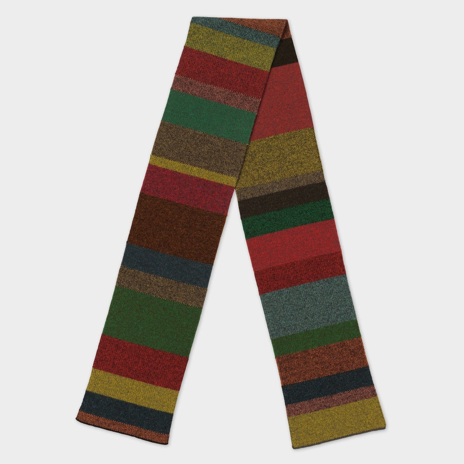Multicolored striped knitted scarf.  Features horizontal bands of red, green, brown, and gold tones.