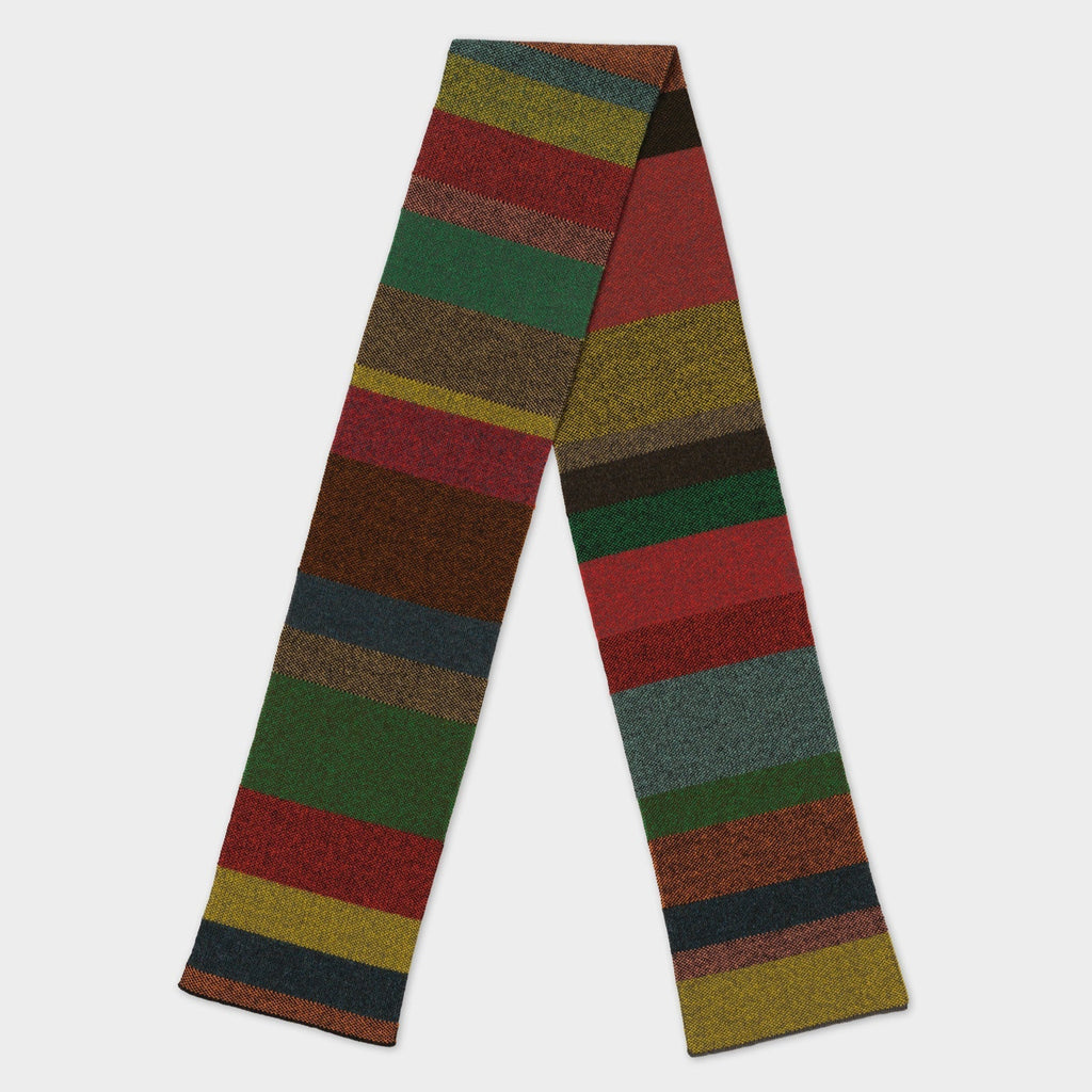 Multicolored striped knitted scarf.  Features horizontal bands of red, green, brown, and gold tones.